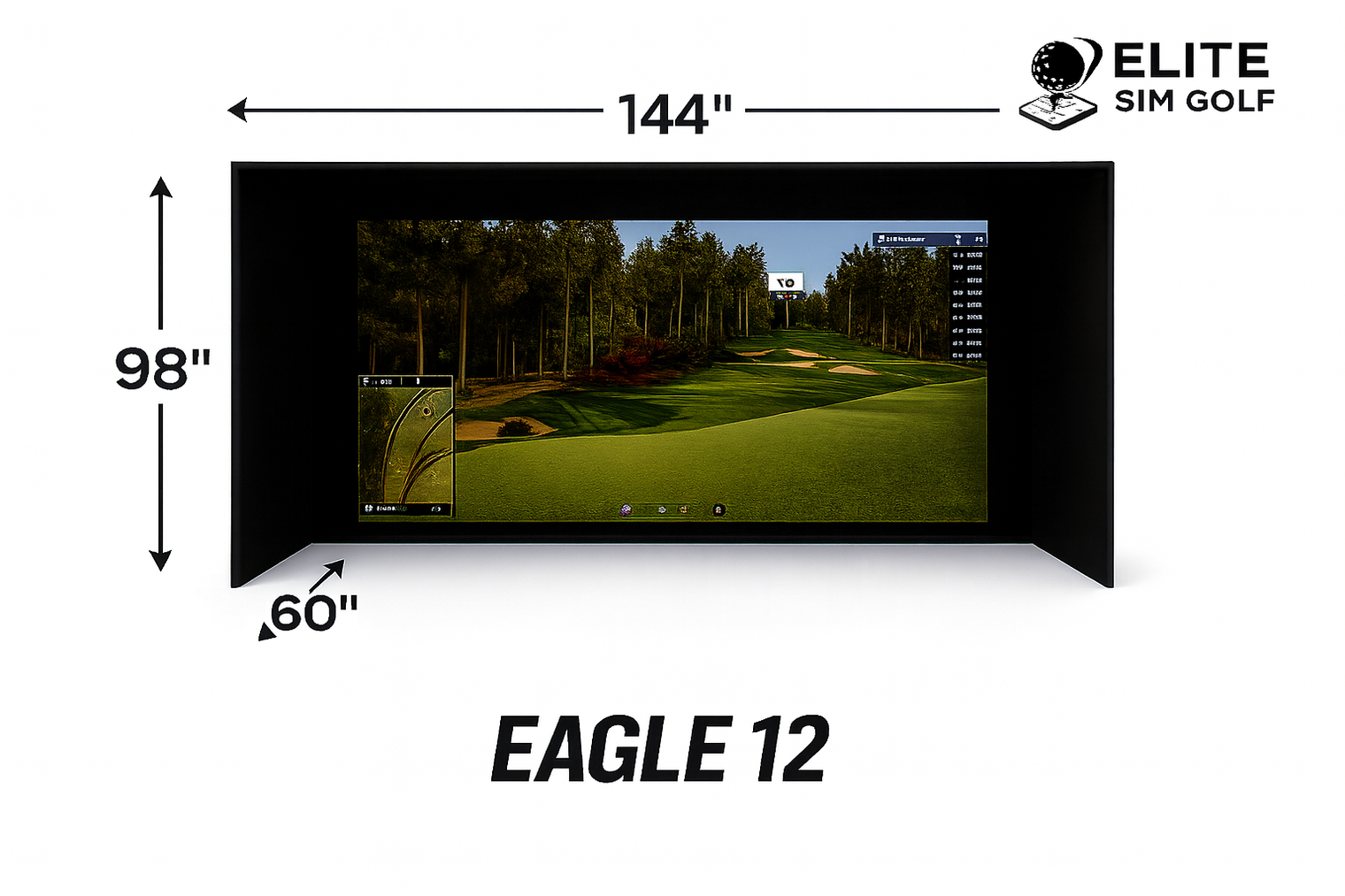 Eagle 12 golf simulator enclosure dimensions showcasing a 144" width and 98" height screen for immersive golfing.